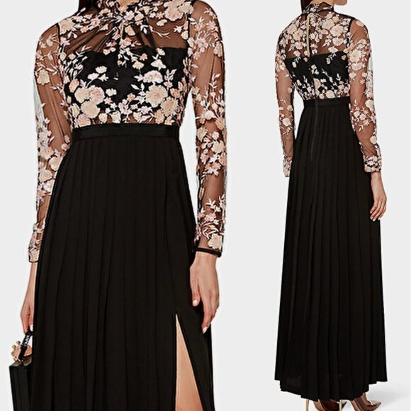 self-portrait Midnight Floral Mesh Maxi Dress w/ Pleated Skirt US 4 / UK 8 NWT - Picture 1 of 14